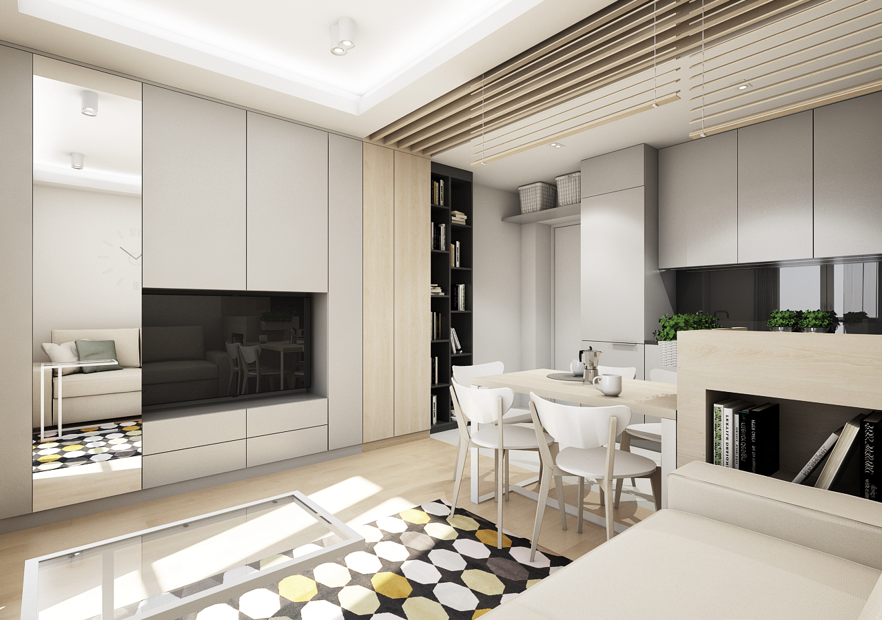 Projekt kuchni z salonem ecru w nowoczesnej odsłonie