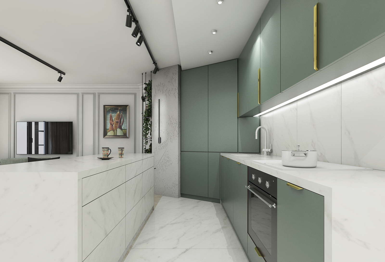 Projekt kuchni zieleń i biel