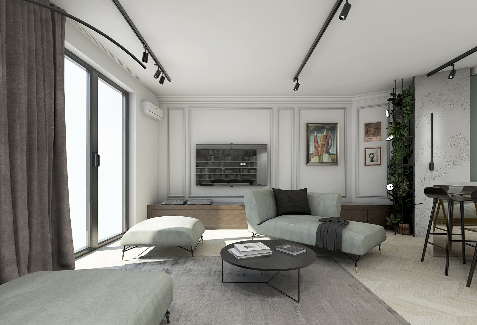 Projekt salonu zieleń i biel